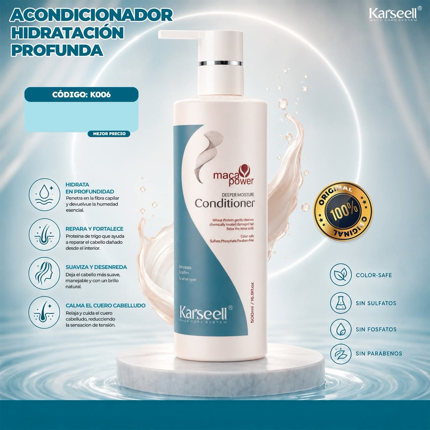 Pack karseell shampoo 500 ml acondicionador hidratación profunda 500 ml aceite 50 ml mascarilla 500 g