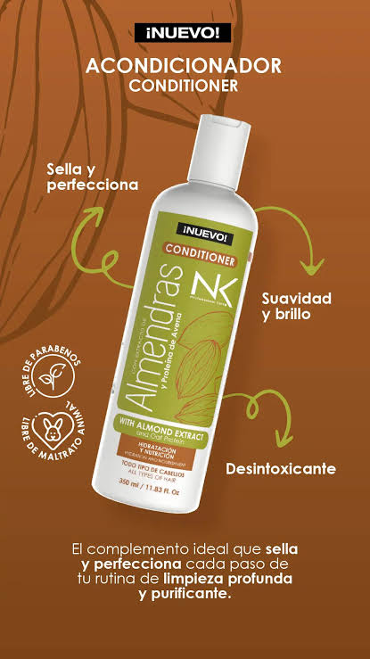 El Shampoo NK de Almendras y Avena 350 ml   para desintoxicar y limpiar profundamente el cabello sin dejarlo seco.