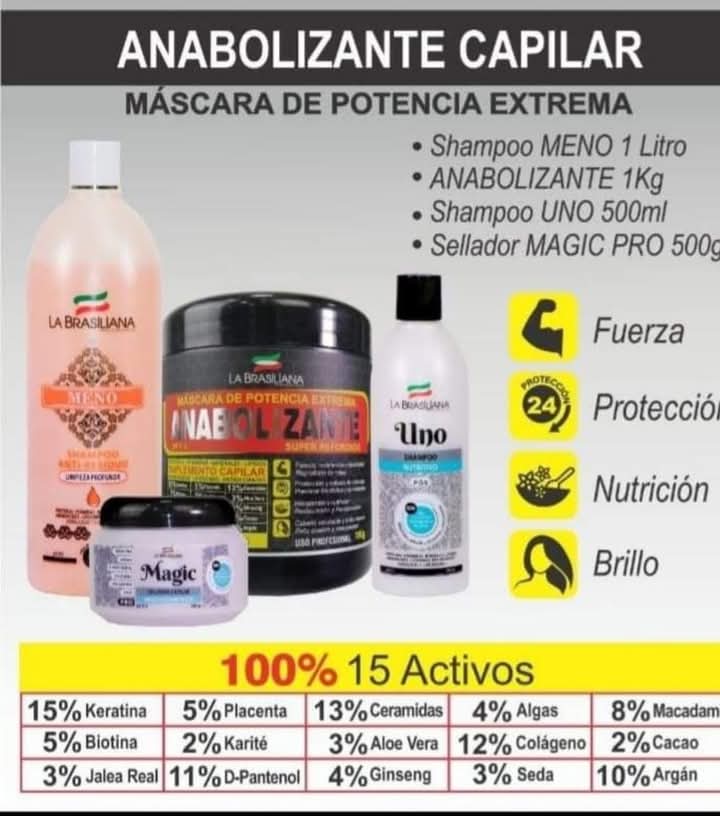 La brasiliana pack Anabolizante capilar kit la  anabolizante 1 kl shampoo meno 1 lt, shampoo uno 500 ml mascarilla 500 g