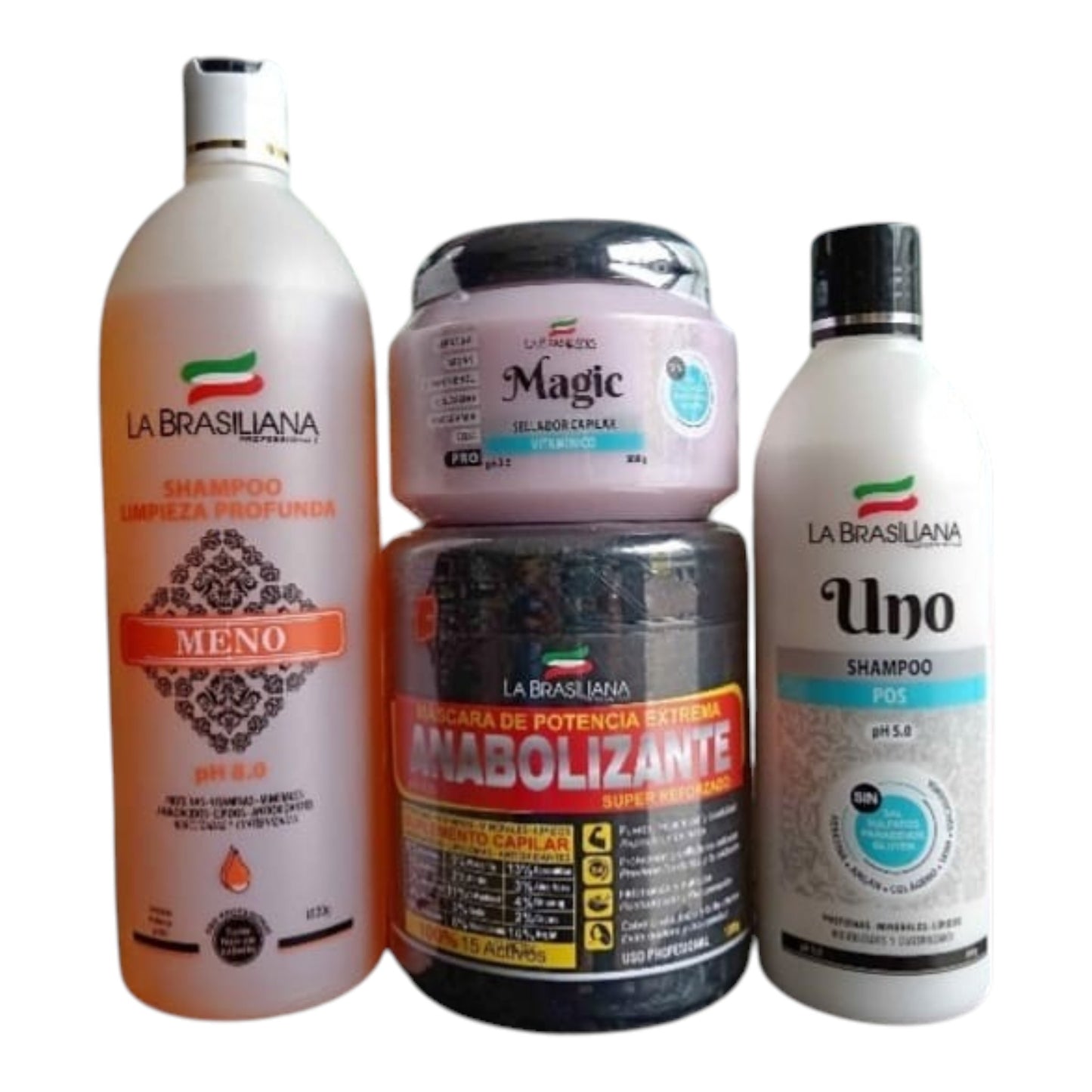 La brasiliana pack Anabolizante capilar kit la  anabolizante 1 kl shampoo meno 1 lt, shampoo uno 500 ml mascarilla 500 g