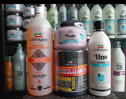 Brasiliana kit Anabolizante capilar anabolizante 1 kl shampoo meno 1 lt, shampoo uno 500 ml mascarilla 500 g