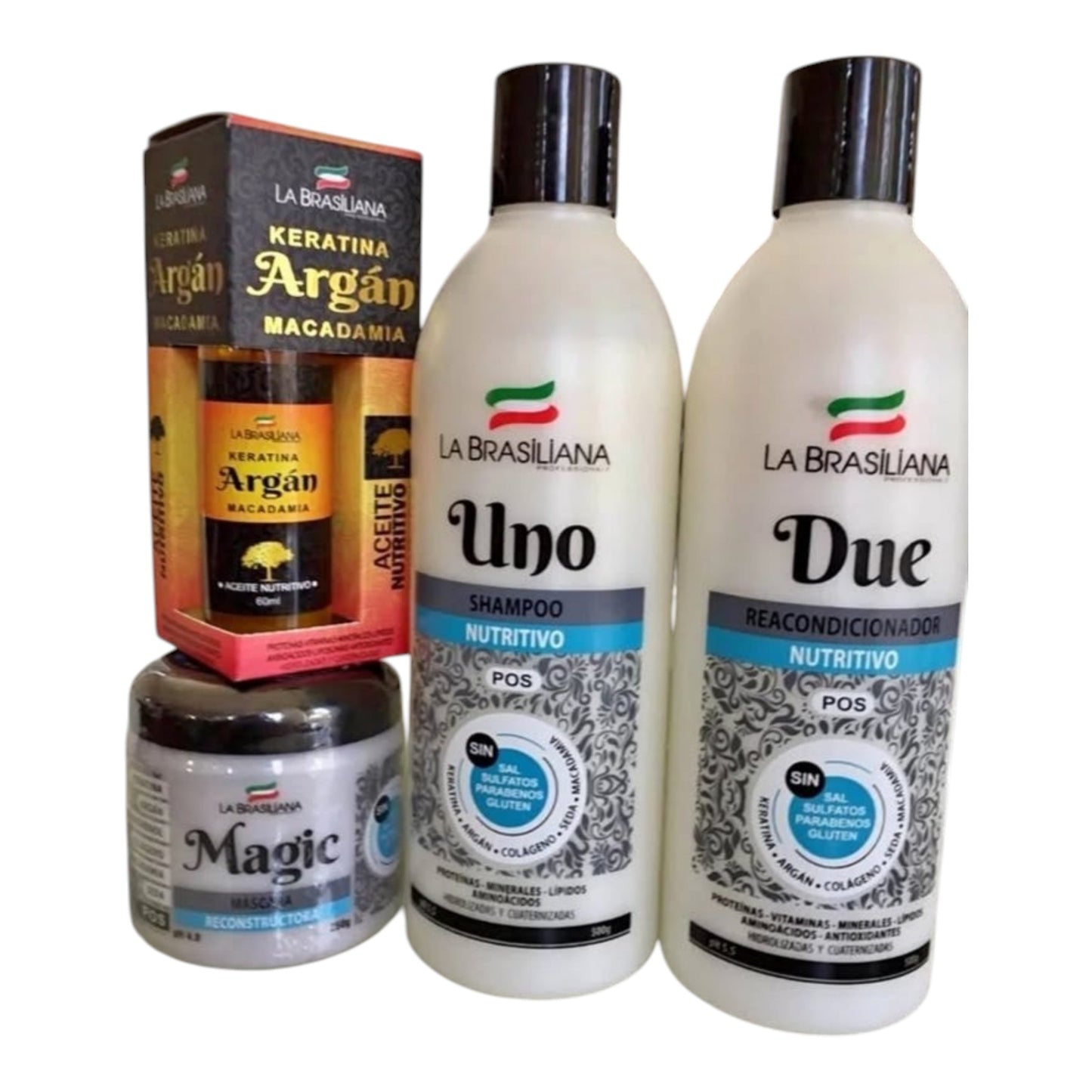 La Brasiliana pos alisado pack shampoo acondicionador mascarilla y aceite hidratación y brillo