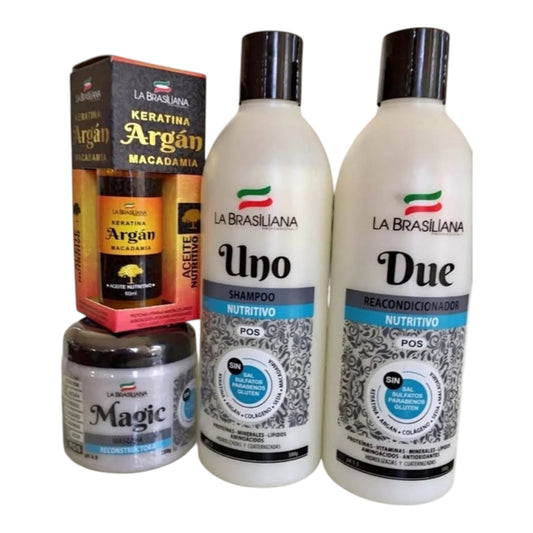 La Brasiliana pos alisado pack shampoo acondicionador mascarilla y aceite hidratación y brillo